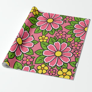 Roze en gele bloempatroon met groene bladeren cadeaupapier