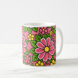 Roze en gele bloempatroon met groene bladeren koffiemok