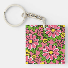 Roze en gele bloempatroon met groene bladeren sleutelhanger
