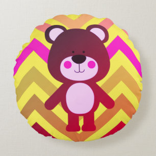 Roze en gele Chevron Teddy Bear Sierkussen Rond Kussen