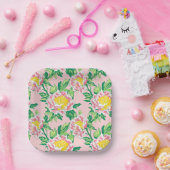 Roze en Gele Chinoiserie Bloemen Papieren Bordje (Feest)