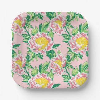 Roze en Gele Chinoiserie Bloemen Papieren Bordje