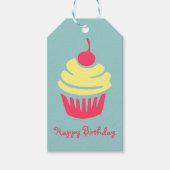 Roze en gele cupcake Cherry op de bovenste verjaar Cadeaulabel (Voorkant)