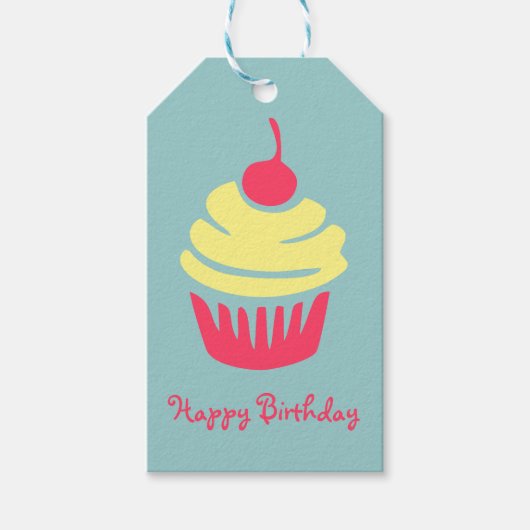 Roze en gele cupcake Cherry op de bovenste verjaar Cadeaulabel (Voorkant)