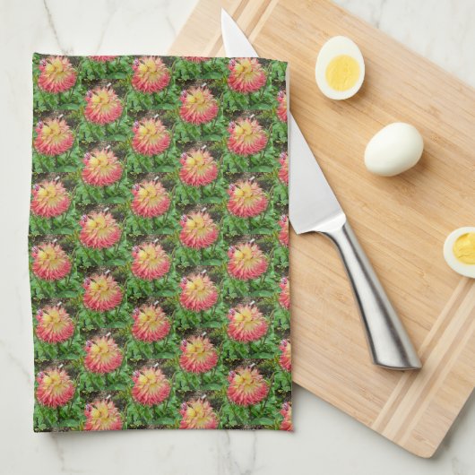 Roze en gele Dahlia Tea Towel Theedoek (Quarter Fold)