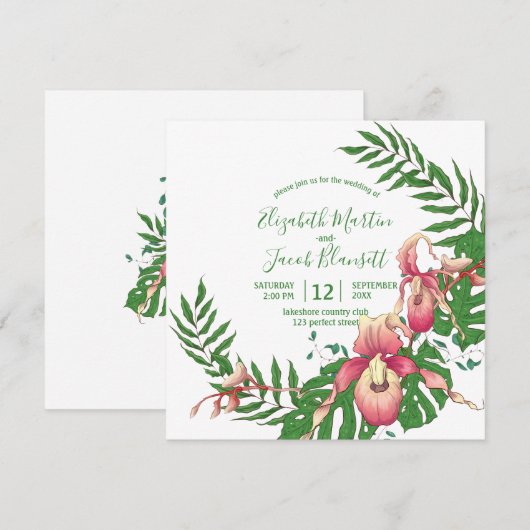 Roze en Gele Dame Slipper Orchidee Krans Bruiloft Kaart (Voorkant / Achterkant)