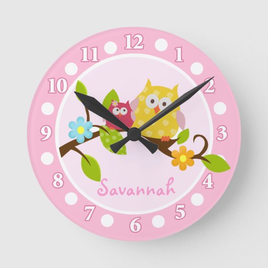 Roze en Gele Eigenaars Nursery Wall Clock Ronde Klok (Voorkant)