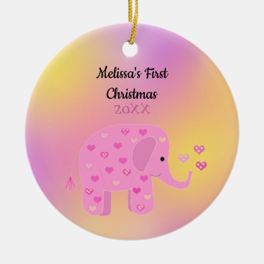 Roze en Gele Elephant Baby, eerste Kerstmis Keramisch Ornament (Voorkant)