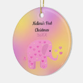 Roze en Gele Elephant Baby, eerste Kerstmis Keramisch Ornament (Links)