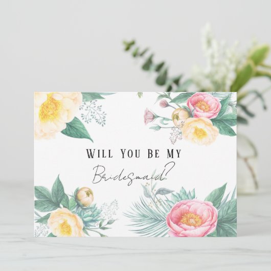 Roze en gele Floral ben je mijn Bridesmaid Kaart (Staand voorkant)