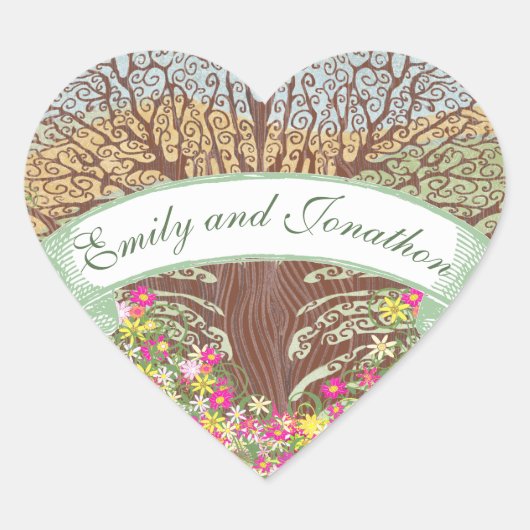 Roze en gele Floral bruine eik - Brondenzegel Hart Sticker (Voorkant)