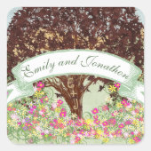 Roze en gele Floral bruine eik - Brondenzegel Vierkante Sticker (Voorkant)