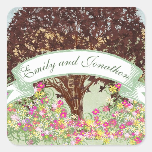 Roze en gele Floral bruine eik - Brondenzegel Vierkante Sticker (Voorkant)