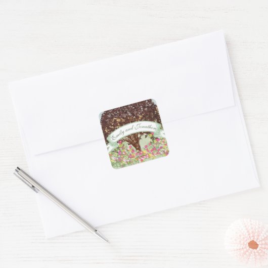 Roze en gele Floral bruine eik - Brondenzegel Vierkante Sticker (Envelop)