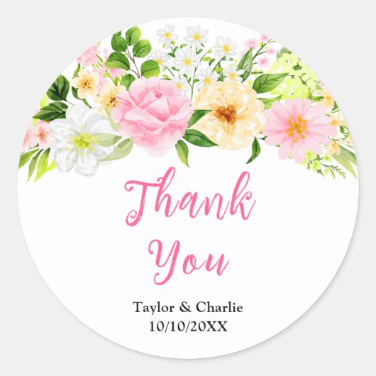 Roze en Gele Floral Weddenschap Hartelijk dank Ronde Sticker (Voorkant)