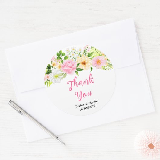 Roze en Gele Floral Weddenschap Hartelijk dank Ronde Sticker (Envelop)