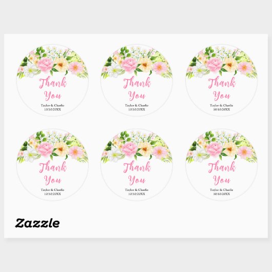 Roze en Gele Floral Weddenschap Hartelijk dank Ronde Sticker (Vel)