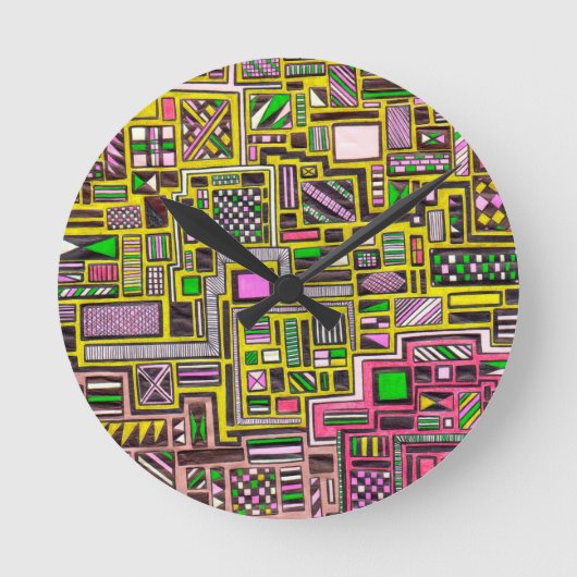 Roze en gele geometrische vormen pop punk kunst ronde klok (Voorkant)