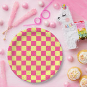 Roze en gele geruite print papieren bordje (Feest)