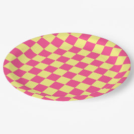 Roze en gele geruite print papieren bordje