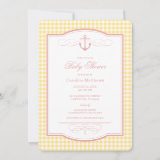Roze en Gele Gingham Preppy Kust Baby Shower Kaart