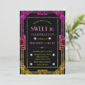 Roze en gele Glitter Art Deco Lijst Sweet 16 Kaart (Staand voorkant)