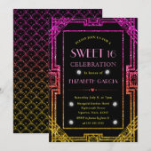 Roze en gele Glitter Art Deco Lijst Sweet 16 Kaart (Voorkant / Achterkant)