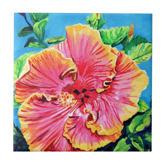 Roze en gele Hawaiian Hibiscus keramische Tegel Tegeltje (Voorkant)
