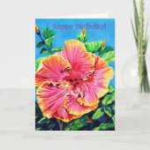 Roze en gele Hibiscus Happy Birthday Card Kaart (Voorkant)
