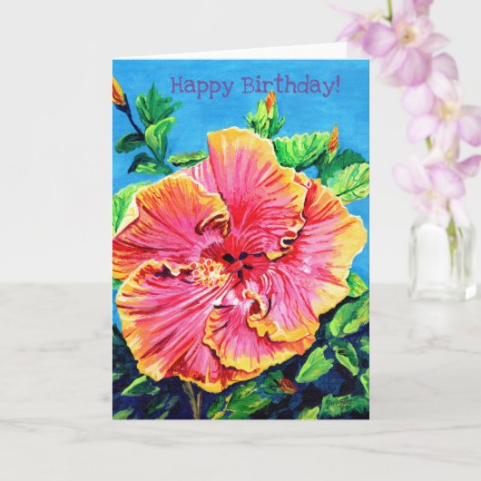 Roze en gele Hibiscus Happy Birthday Card Kaart (Orchidee)