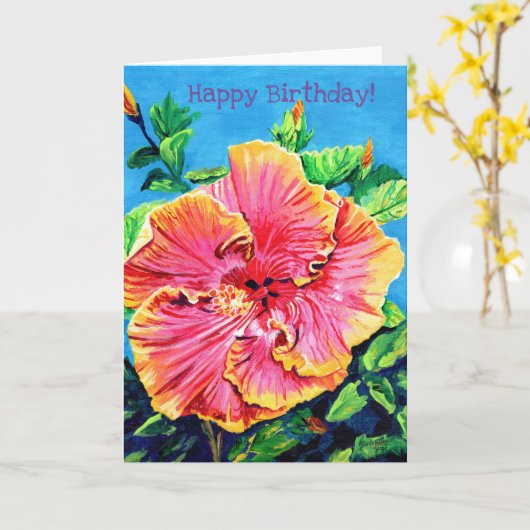 Roze en gele Hibiscus Happy Birthday Card Kaart (Gele Bloem)