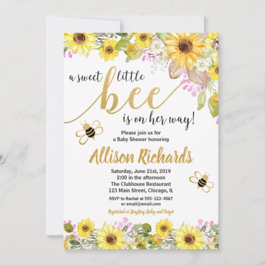 Roze en gele hommels baby shower kaart (Voorkant)