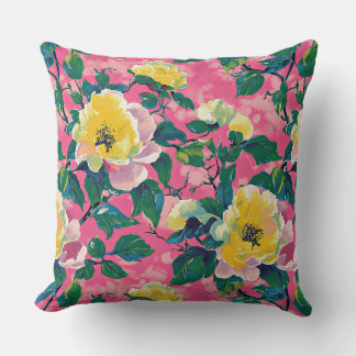 Roze en gele impressionistische Chinoiserie Floral Kussen