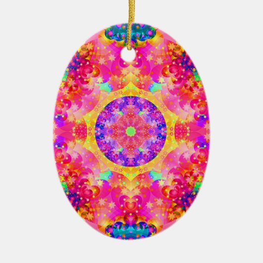Roze en gele Kaleidoscoop Fractal Keramisch Ornament (Voorkant)