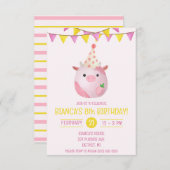 Roze en Gele Koe Stoffig, Plush Verjaardagsfeestje Kaart (Voorkant / Achterkant)