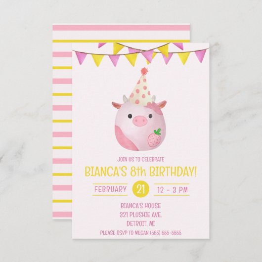 Roze en Gele Koe Stoffig, Plush Verjaardagsfeestje Kaart (Voorkant / Achterkant)