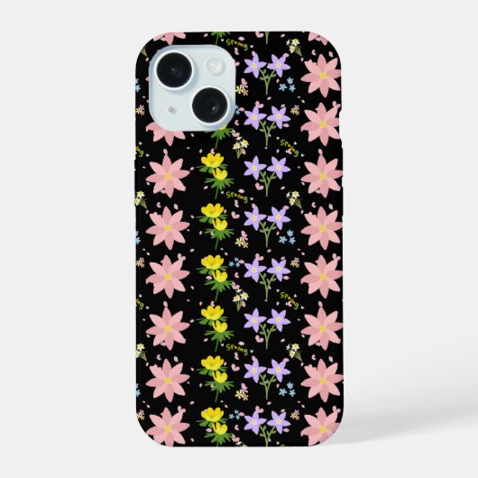 Roze en gele lente bloempatroon op zwart - i iPhone 15 case (Achterkant)