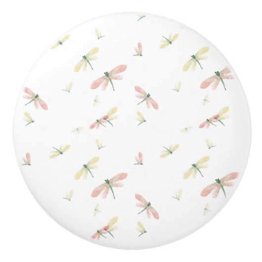 Roze en gele libellen op witte keramische knop (Voorkant)