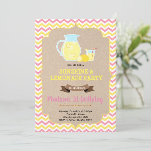 Roze en gele limonade stand-uitnodiging kaart (Staand voorkant)