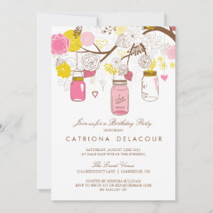 Roze en gele Mason Jars Birthday Invitation Kaart
