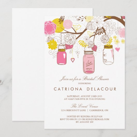 Roze en Gele Mason Jars Bridal Shower Kaart (Voorkant / Achterkant)