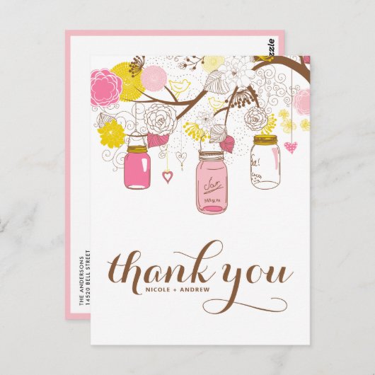 Roze en Gele Mason Jars Floral Dank je Briefkaart (Voorkant / Achterkant)