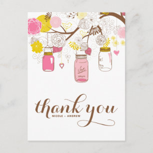 Roze en Gele Mason Jars Floral Dank je Briefkaart