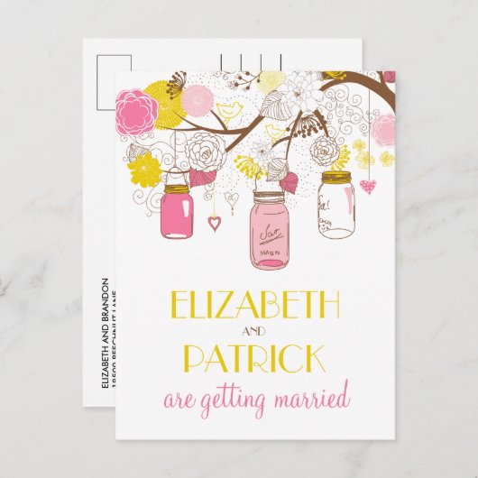 Roze en Gele Mason Jars Save the Date Briefkaart (Voorkant / Achterkant)
