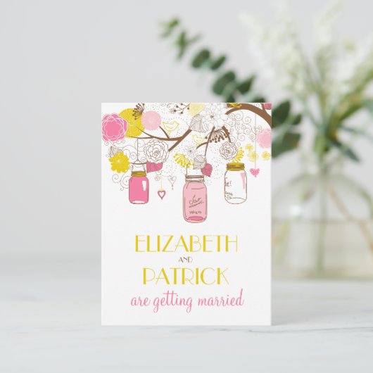Roze en Gele Mason Jars Save the Date Briefkaart (Staand voorkant)