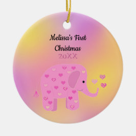 Roze en Gele Olifant Baby Eerste Kerstmis Keramisch Ornament