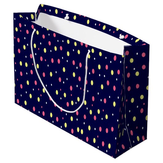 Roze en Gele Polka Dots op Navy Blue Groot Cadeauzakje (Achterkant Gekanteld)