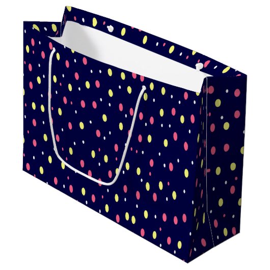 Roze en Gele Polka Dots op Navy Blue Groot Cadeauzakje (Voorkant Gekanteld)