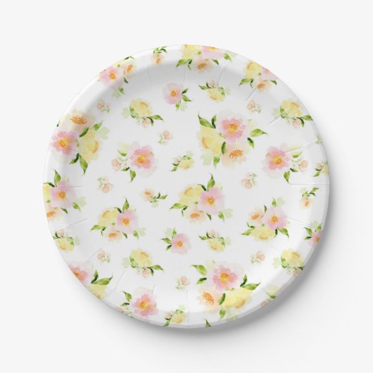 Roze en gele pony florale waterverf papieren bordje (Voorkant)