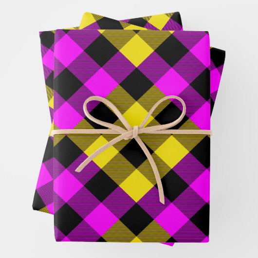 Roze en gele Quilt Buffalo Plaid Holiday Inpakpapier Vel (In situ)